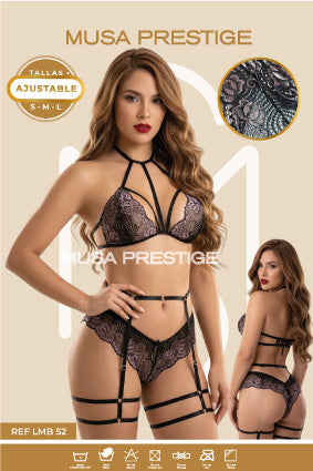 LENCERIA LMB 52 NEGRO ENCAJE ROSA