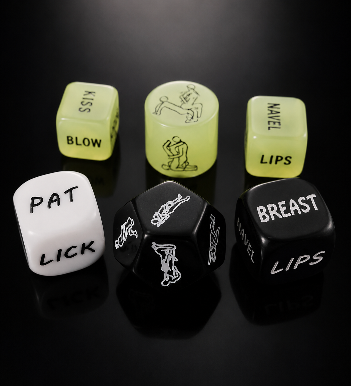 Juego de Dados Dodecaedro De Posiciones Sexuales (Disponible color: Blanco y Negro) (Material: Acrílico-Tamaño 2.4 cm. Tiene 12 caras)